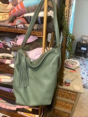 HOBO Leather Tassel Shoulder Bag in Sage Green